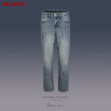 MIJKO Mens Vintage Pants Embroidery Embellished Slim-fitting Old Jeans