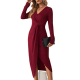Women Dress V-neck Dress Sexy Slit Long Sleeve Dress