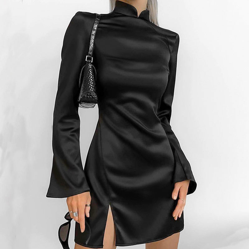Women Dress Sexy Backless Flared Sleeve Stand Collar Dress Hip Skirt
