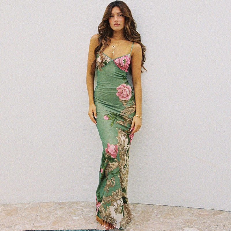 Women Dresses V-neck Brace Printed Sexy Slim Fit Long Dress Summer Backless Dress