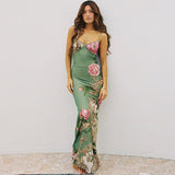 Women Dresses V-neck Brace Printed Sexy Slim Fit Long Dress Summer Backless Dress