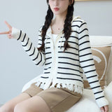 Women Knitwear Autumn and Winter Striped Hooded Sweater Tassel Knitted Cardigan