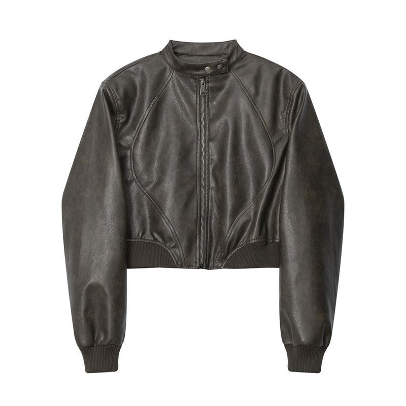 Women Jacket Short Pu Leather Coat Stand Collar Solid Color Racing Suit