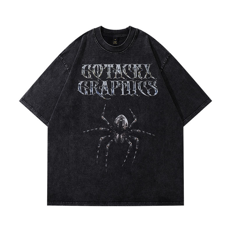 Men T Shirt Spider Print Washed Short Sleeve T-shirt