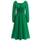 Women Date Dress Slim-Fit Long Sleeve V-neck Lace-up A- line Dress Lantern Sleeve Dress