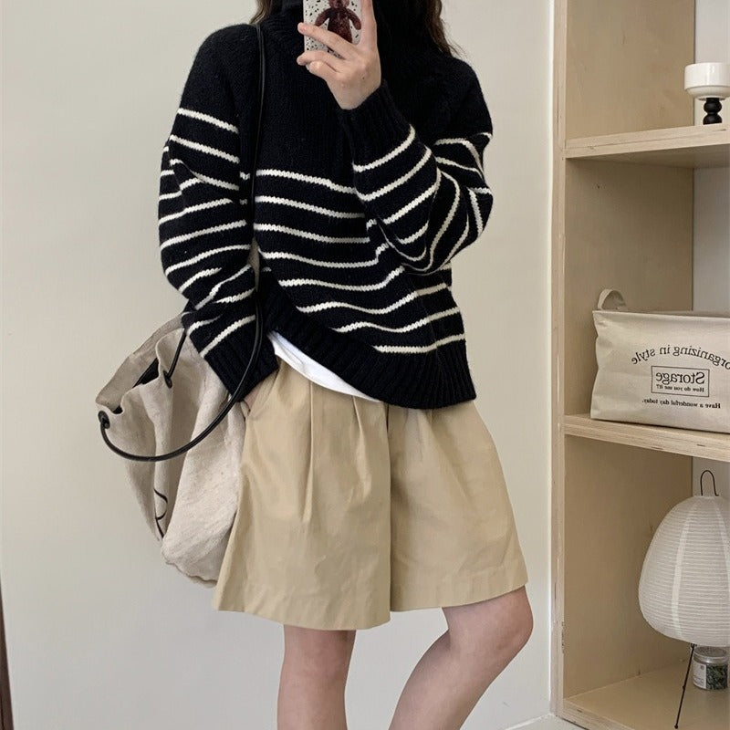 Women Knitwear Autumn and Winter Striped Half Zipper and Lapel Knitwear Loose Sweater