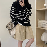 Women Knitwear Autumn and Winter Striped Half Zipper and Lapel Knitwear Loose Sweater