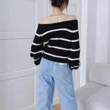 Women Knitted Sweater Loose Outer Wear Long Sleeve Sweater Crew Neck Striped Sexy Shoulder-Baring Sweater