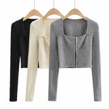 Women Sweater Knitwear Vintage Sexy Low Square Collar Long Sleeve Top Skinny Knit Cardigan Coat