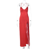 Women Dresses Spring Sexy V-neck Backless Self-Tie Slit Dress