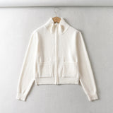 Women Sweater Knitwear Vintage Double Zipper Lapel Cardigan Top Coat Short Long Sleeve Sweater
