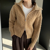 Women Cardigan Sweater Autumn Sweater Cardigan Zipper Turn-down Collar Coat Q625