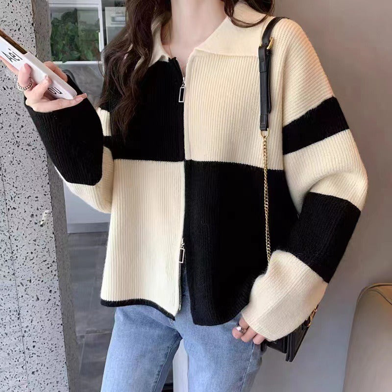 Women Knitwear Spring and Autumn Retro Lapels Double Zipper Sweaters Cardigan