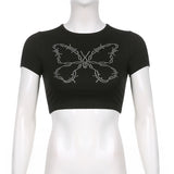 Women T-shirt Vintage Butterfly Rhinestone Knitted Slim round Neck T-shirt