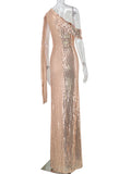 Women's Evening Gown Sexy Backless One-Shoulder Ribbon Sequins Dress Evening Dress