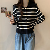 Women Knitwear Fall and Winter Lapels Striped Sweater Loose Knitted Cardigan