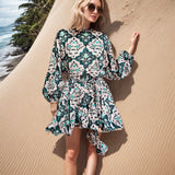 Women Dresses Spring Retro round-Neck Long-Sleeved Dress Short Skirt (Qymy0409)