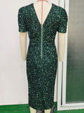 Women Evening Gown Sexy Retro Green Sequins Dress