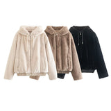 Women Jacket Autumn and Winter Faux Fur Hooded Zipper Jacket Short Coat