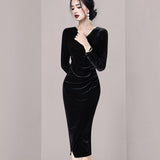 Women Maxi Dress Autumn and Winter V-neck Black Dress Sheath Pleuche Dress