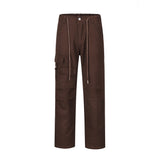 Men Sweatpants Solid Color Cargo Casual Trousers Pleated Pocket Straight-Leg Pants