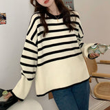 Women Knitwear Autumn Winter Retro Striped round Neck Sweater Loose Sweater