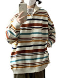 Women Knitwear Autumn and Winter Color Striped Lapel Sweater Loose Knitted Cardigan