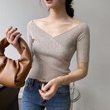 Women Knitted T-shirt V-neck Short-Sleeved Sweater Slim T-shirt