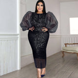 Harlem Night Attire round Neck Lantern Sleeve Stretch Sequined Party Mid-Length Dress