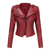 Red Leather Jacket Spring and Autumn Leather Women's Rivet Coat Zipper Leather Jacket