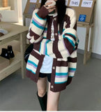Women Knitted Cardigan Autumn and Winter Loose Striped Retro Rainbow Knitted Cardigan