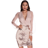 Women Evening Gown Sexy Mesh Long Sleeve Stitching Sequins Dress