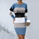 Women Knitted Sweater Autumn Casual Multicolor Long Sleeve Sweater Dress