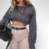 Women Knitted Sweater Long Sleeve round Neck Midriff-Baring Coat