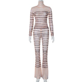 Women Co-Ord Set Sexy Stripes Turtleneck Long Bell-Bottom Pants Suit