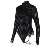 Women Jumpsuit Summer Stripes High Collar Slim Fit Long Sleeves Finger Stall Jumpsuit