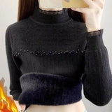 Women Knitted Pullover Autumn and Winter Warm Sweater Turtleneck Lace Sweater