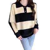 Women Knitwear Autumn Winter Retro Striped Polo Collar Knitwear Loose Casual Sweater