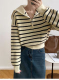 Women Knitted Pullover Vintage Stripe Lapel Knitwear Fall/Winter Loose Sweater Coat