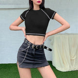 Women T-shirt Summer Sexy Midriff-Baring Top round Neck Short Sleeve T-shirt