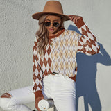 Women Knitted Sweater Autumn Leisure Long Sleeve Rhombus Sweater Loose round Neck