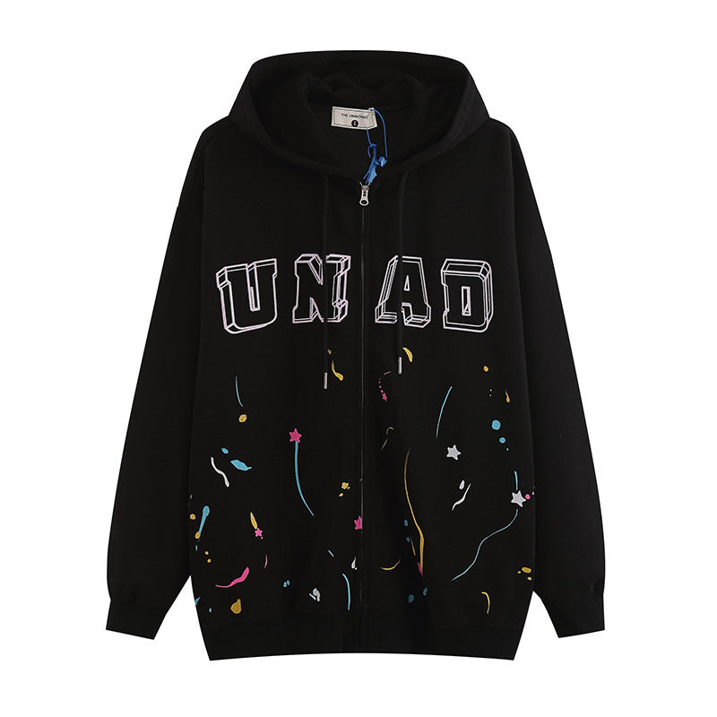 Men Hoodie Vintage Printed Letter Cardigan Sweater
