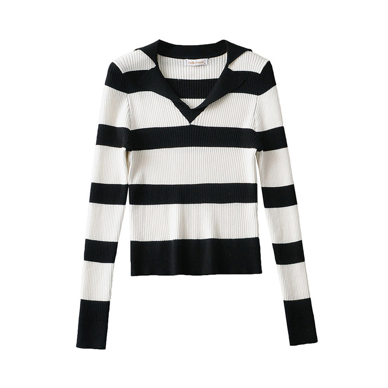 Women Sweater Knitwear Spring and Autumn Lapel V-neck Contrast Color Striped Slim-Fit Long-Sleeved Sweater Sweater