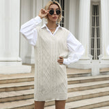 Women Knitted Sweater Autumn Solid Color and V-neck Vest Type Vest Knitted Sweater Dress