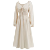 Women Date Dress Slim-Fit Long Sleeve V-neck Lace-up A- line Dress Lantern Sleeve Dress