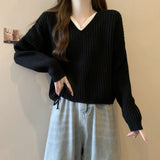 Women Knitted Pullover Fall V-neck Knitwear Loose Long Sleeve Top