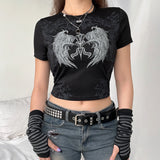 Women T-shirt Spring/Summer Tight round Neck Wings Printing Short Short Sleeve T-shirt