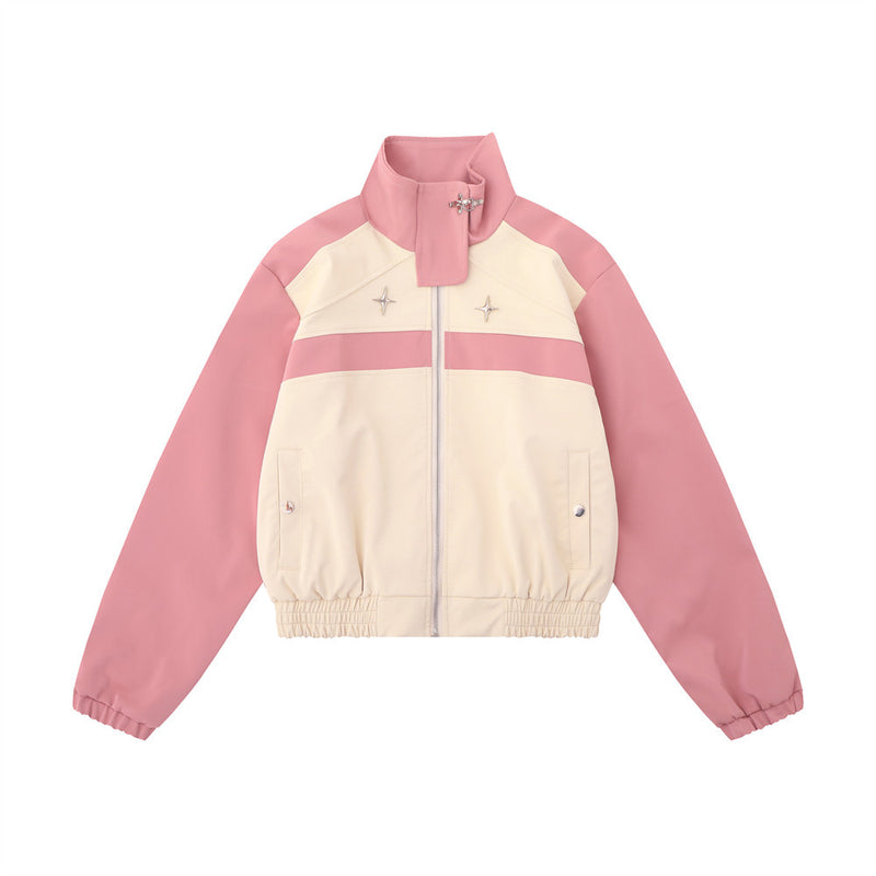 Women Jacket Color Matching PU Leather Jacket Autumn and Winter Stand Collar Metal Decorative Long Sleeve Coat
