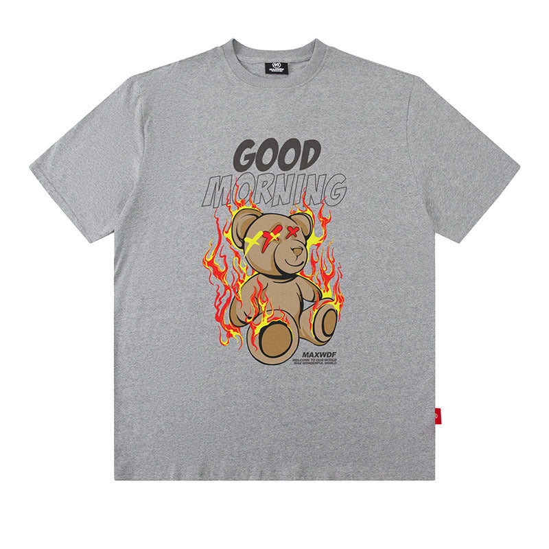 Men T Shirt Flame Bear Print Couple Short Sleeve T-shirt Hip Hop
