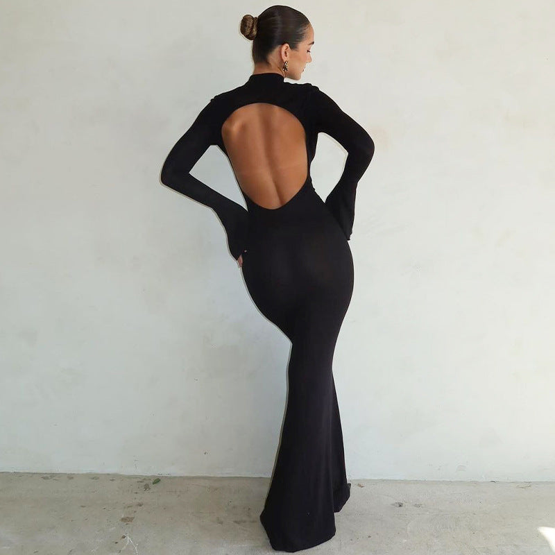 Women Dresse Long Sleeve Stand Collar Hip Skirt Sexy Cutout Backless Dress